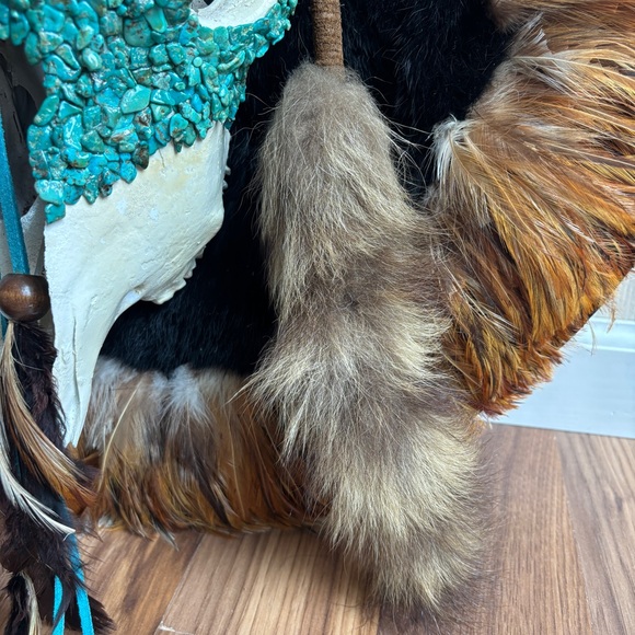 Turquoise Skull Wall Hanging Fur Feathers Leathers Accents - Picture 11 of 12